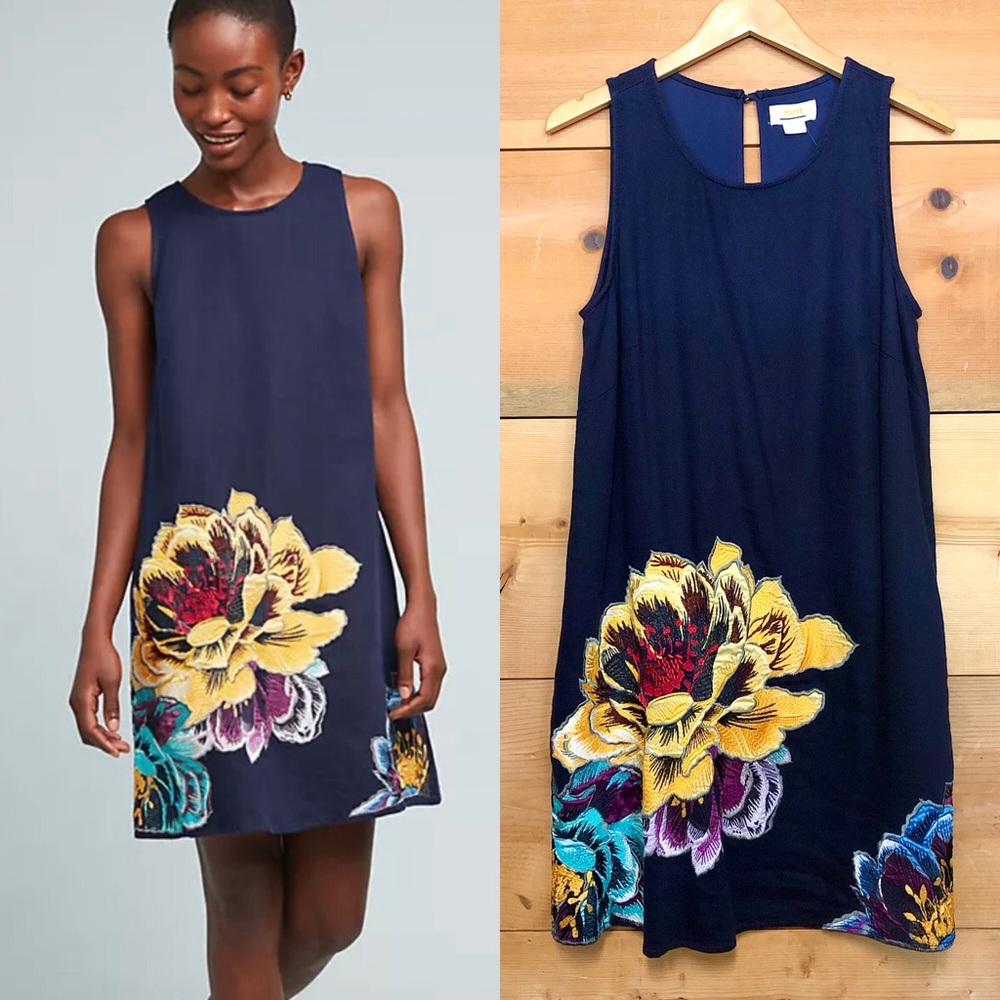 Anthropologie embroider posie flower floral sleeveless navy blue shift dress